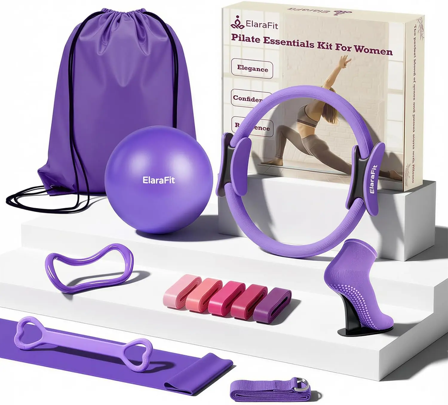 Women's 13-Piece Home Pilates Starter Compact Set - 13-Inch Magic Circle, Exercise Ball, 5 Resistance Bands, Stretch Strap, Drawstring Storage Bag for Resistance Band Workout, Glute Activation, Apartments Beginners 15-Min Daily Routine, Home Gym, 13-Piece