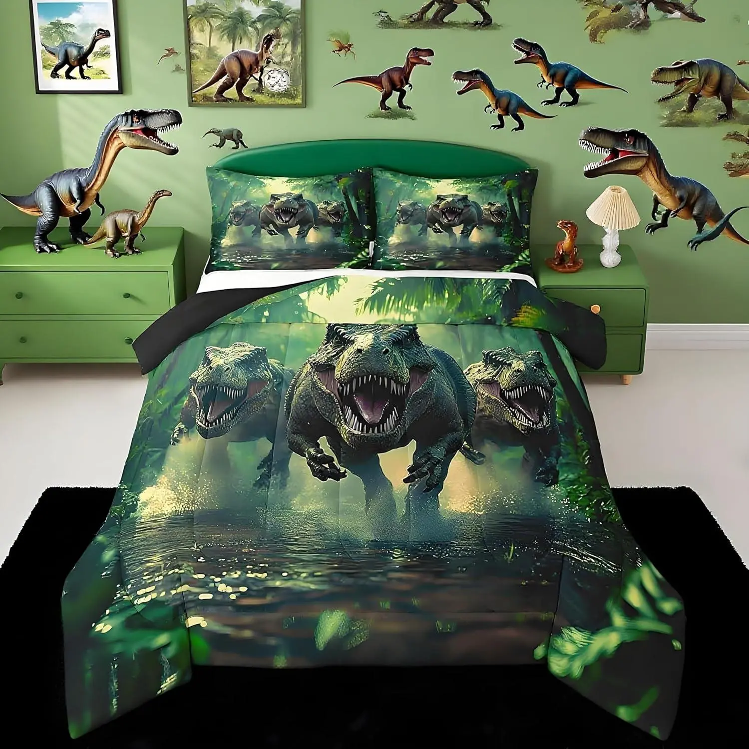 Kids Dino Comforter Set,for Boys Green Dinosaur Bedding Soft Microfiber Dino Bed Set,All Season Dinosaur Duvet Quilt