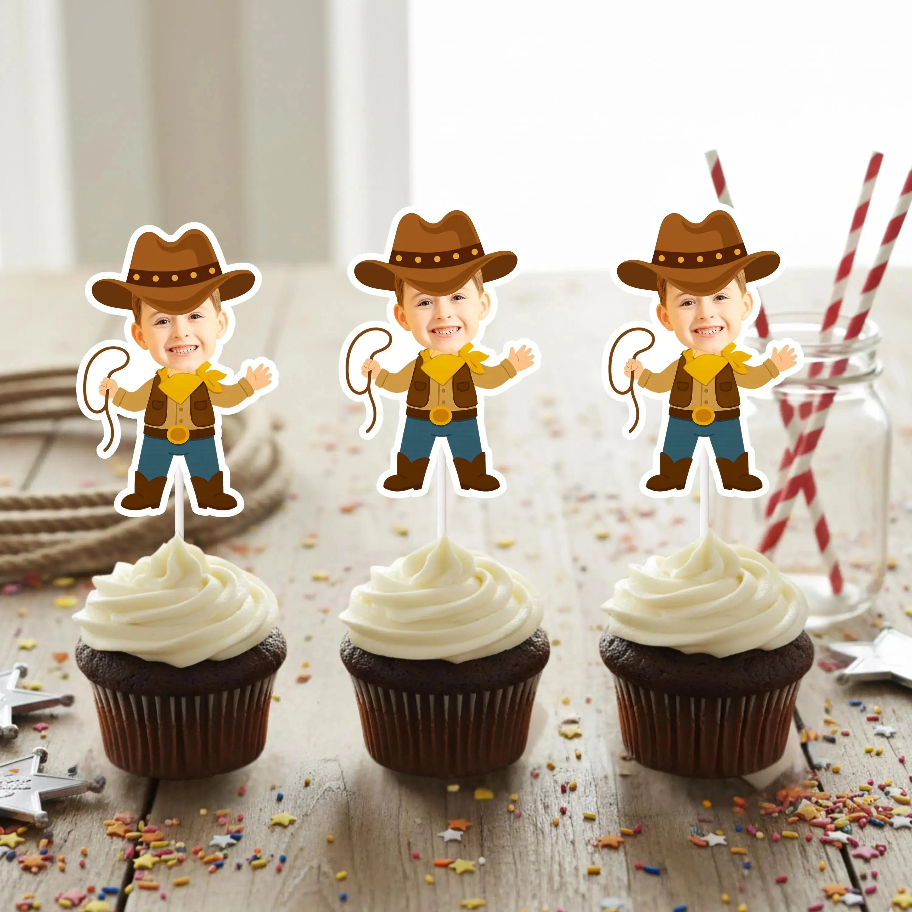 Cowboy Face Cupcake Toppers – Personalized My First Rodeo Birthday Decor