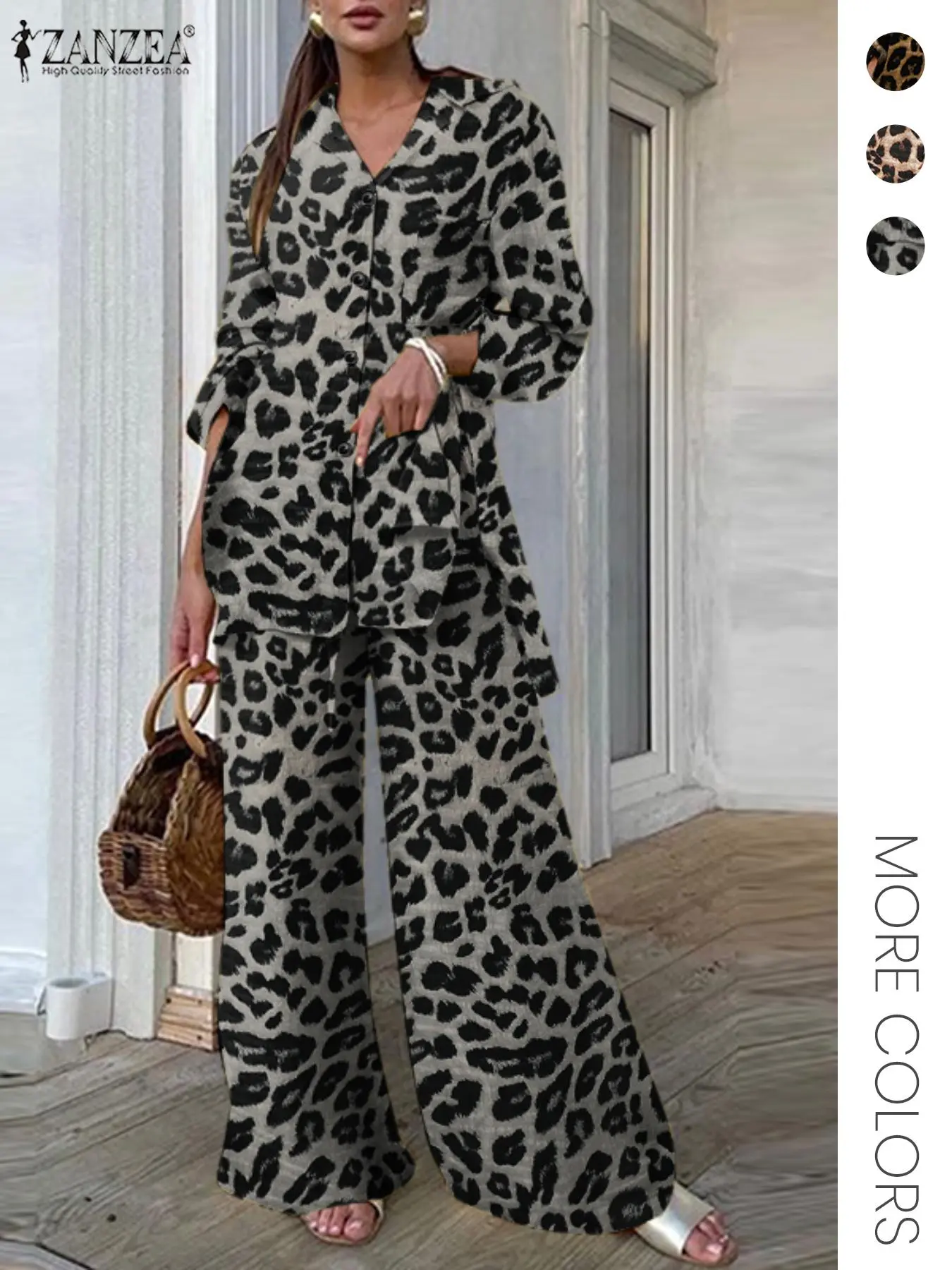 Two-piece Set Women's Leopard Print Long Sleeve Button Front Top & Wide Leg Pants, Casual Pocket Top & Elastic Waist Trousers for Daily Wear, Casual Lounge Set, Ladies Two-piece Clothes for Spring & Fall, Outfits for Women, Casual Style Set