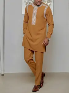 Muslim Men's 2-Piece Set African Boubou Long Sleeve Embroidered Ethnic Suit, Elegant Formal Wear for Festivals Weddings Parties Gifts