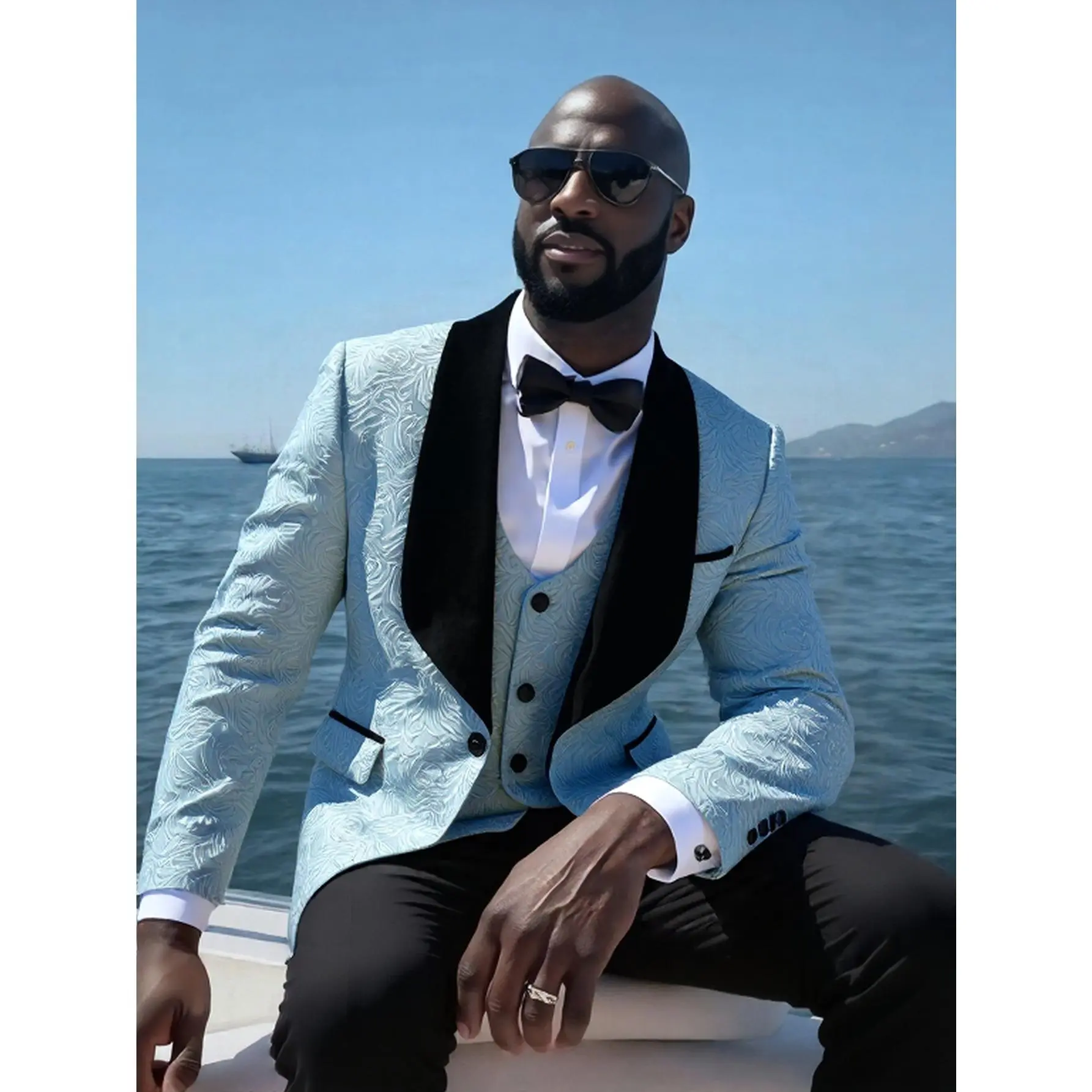 Men's Formal 3-Piece Suit Set, Elegant Slim Fit Floral Jacquard Tuxedo with Shawl Lapel and Pockets, Breathable Long Sleeve Menswear for Weddings