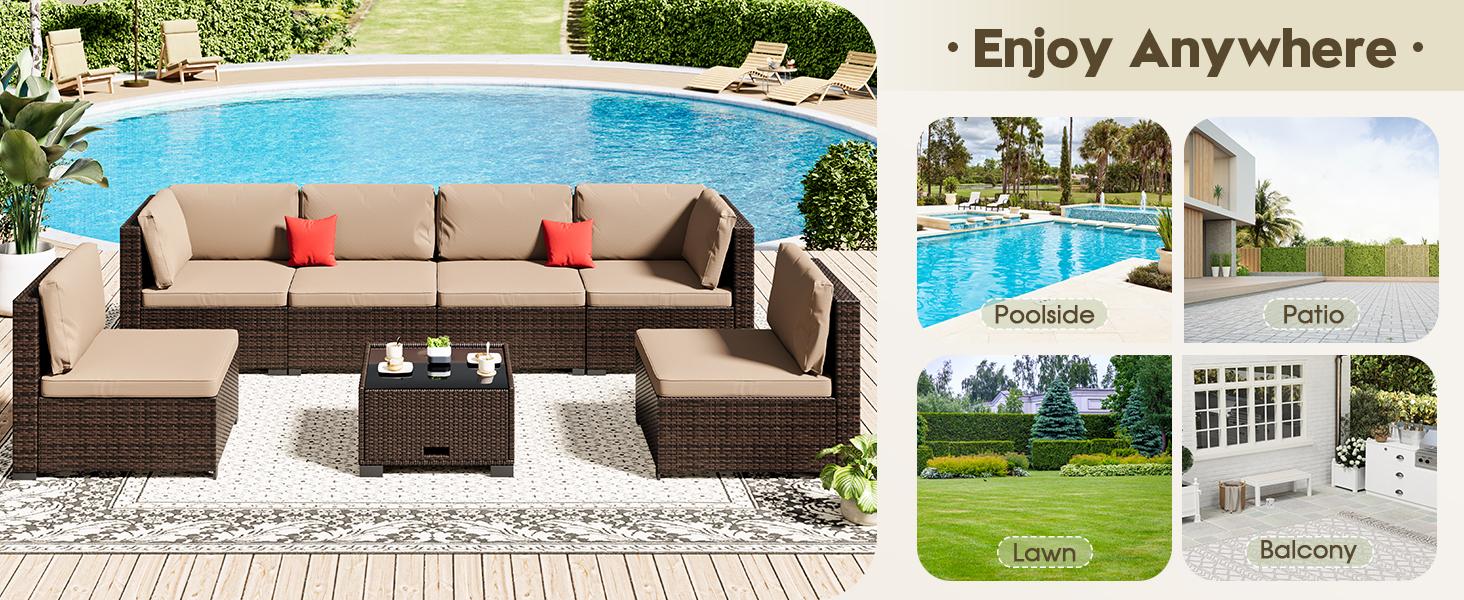 7 Pieces Sofa Modular Patio Wicker Sofa Set - Easy-to-Assemble All-Weather Couch with Comfortable Cushions & Glass Coffee Table, Ideal for Outdoor Relaxation & Entertaining Summervibes