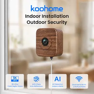 Koohome 3K Window Security Camera, Walnut Wood Design & Magnetic Mount, Full-Color Night Vision, Free Cloud Storage, SD Card Slot, Dual-Band WiFi, Motion & Person Detection, 24/7 Recording, Easy Setup for Home & Apartment