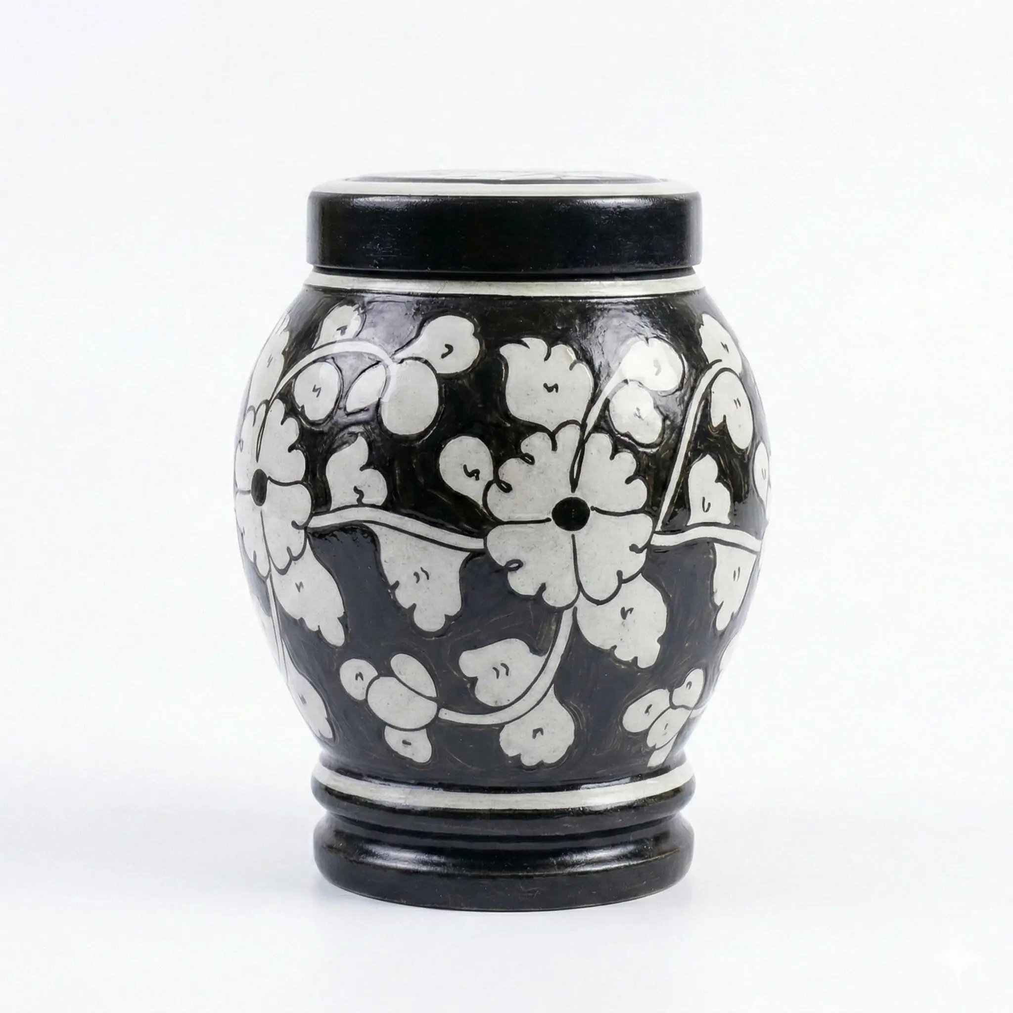 Hand-Painted Black & White Floral Pottery Vase with Lid – Handmade Ceramic Lidded Jar – Monochrome Boho Decorative Canister for Shelf, Mantel & Entryway – Modern Farmhouse Home Décor Accent – Gift Boxed