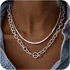 Chunky Silver Necklace for Women, Trendy Silver Plated Chain Necklace Layered Paperclip Herringbone Cuban Link Chain Necklace Thick Toggle Necklaces Non Tarnish Womens Jewelry