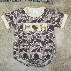 Baby Boy Camo Print Romper, Short Sleeve Bubble Outfit with Duck, Turkey & Deer Embroidery for Outdoor Play, Baby Boy Clothes