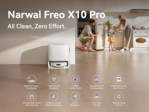NARWAL Freo X10 Pro Robot Vacuum and Mop Combo, 11,000Pa Suction, DualFlow Tangle-Free System, MopExtend Edge Cleaning, Self-Emptying, Auto Mop Wash & Dry, LiDAR Navigation, for Pet Hair & Hard Floors