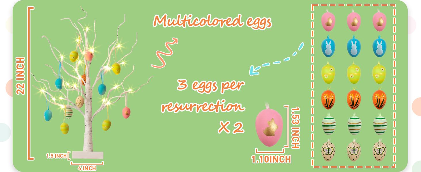 PEIDUO Easter Decorations Lighted White Birch Tree with 18x2 Eggs Ornaments Battery Powered Timer 24 LED Tabletop Centerpiece Spring Home Decor 2 Pack