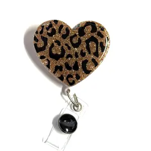 Heart Badge Reel Leopard Print, Retractable Swivel Alligator Clip, 2”