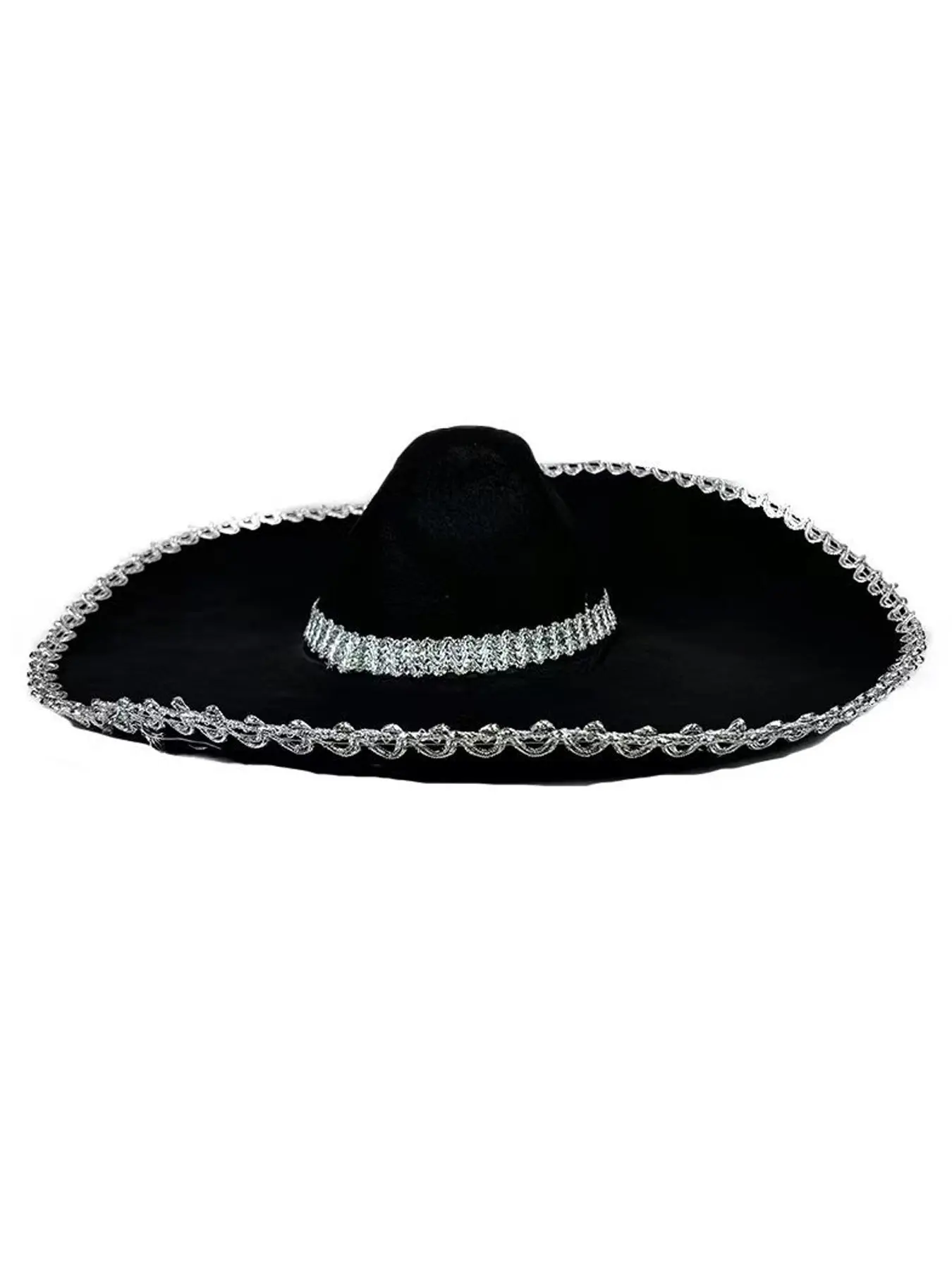 Wide Brim Sombrero Hat with Silver Color Decoration, Carnival and Mariachi Party Hat, Role Play and Daily Use