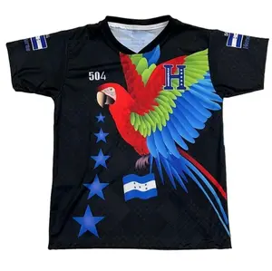 Honduras 504 Jersey Men's Top for Sports and Outdoor Activities - Black Short Sleeve Jersey with Unique Design Featuring Red Parrot and Blue Stars