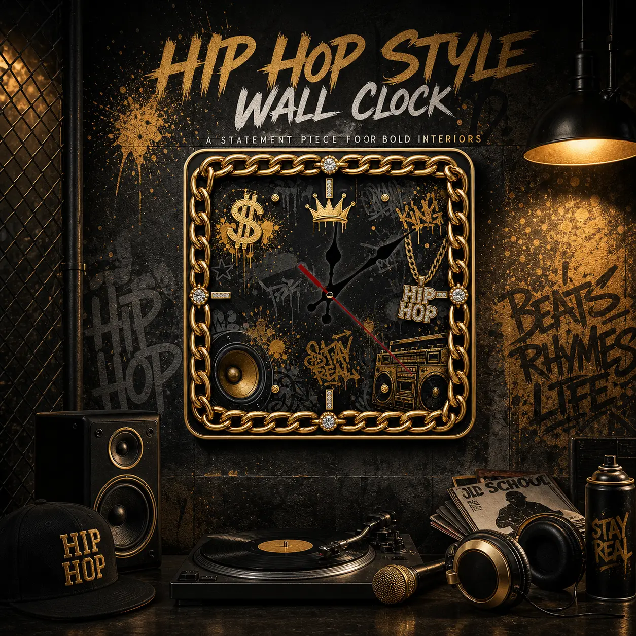 Luxury Hip Hop Wall Clock, Gold Chain Graffiti Square Decorative Wall Clock, Black and Gold Modern Art Clock for Living Room, Bedroom, Music Studio, Office