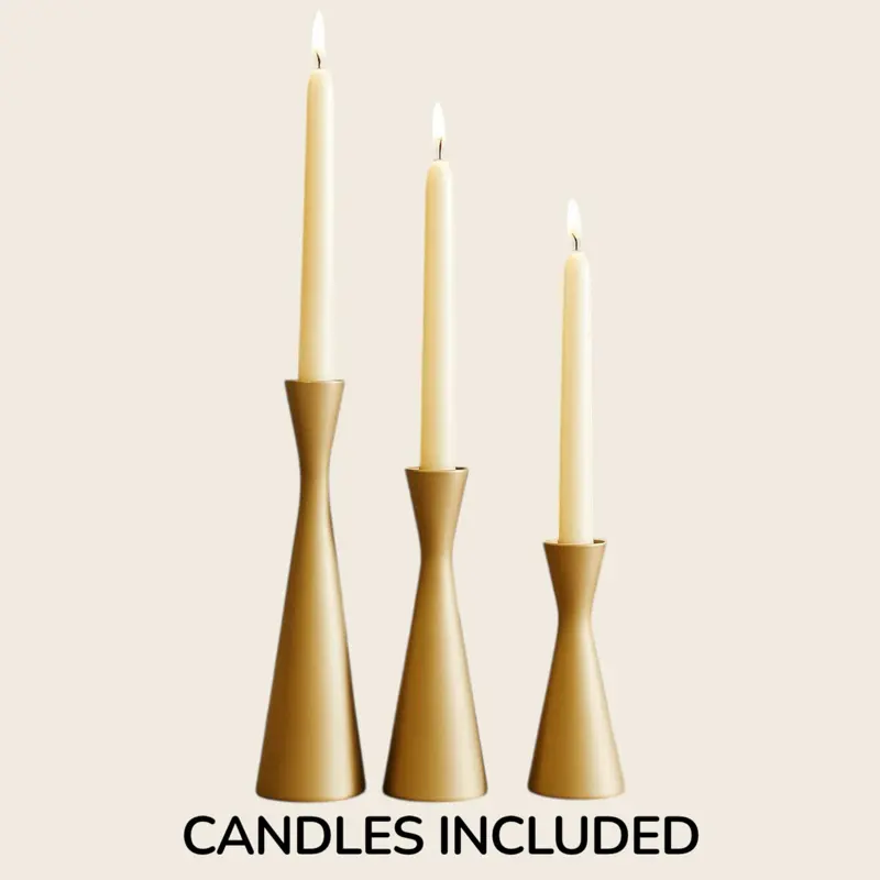 3 Gold Metal Candle Holders with 3 Ivory 10" Taper Candles for Dining Table Centerpiece Wedding Mid-Century Modern MCM Décor Holiday Housewarming Gift Mantel Foyer Living Room Decor Set Minimalist Matte