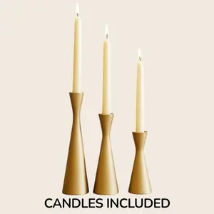 3 Gold Metal Candle Holders with 3 Ivory 10" Taper Candles for Dining Table Centerpiece Wedding Mid-Century Modern MCM Décor Holiday Housewarming Gift Mantel Foyer Living Room Decor Set Minimalist Matte