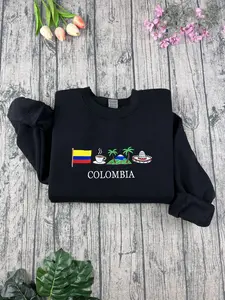 Colombia Embroidered Sweatshirt, Cozy, Black, Sombrero Vueltiao,Cafe Eje Cafetero, Palma de Cera, Andes Symbol Stitch Crewneck Unisex