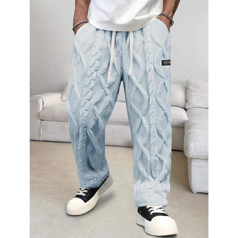 Men's Heavyweight Winter Trousers - Thickened Durable Non-Stretch, Elastic Drawstring Waist + Geometric Pattern, Cold-Weather Everyday/Outdoor Pants