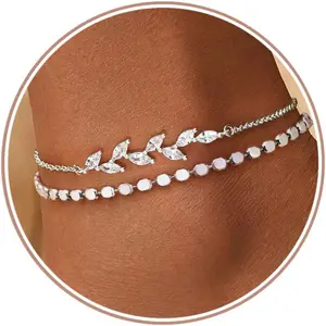 CASSIECA 2PC Ankle Bracelets for Women Silver Adjustable Stackable Layered Waterproof Anklets Stylish Fashion Accessories for Women’s Beach Jewellery SummerVibes