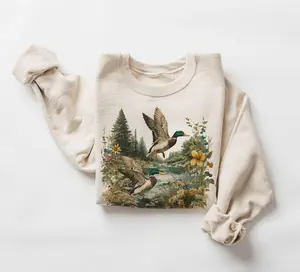 Retro Mallard Ducks Summer Scene Sweatshirt - 90s Duck Wildflower Nature Birding Outfit - Bird Watcher - Boho Unisex Crewneck Sweatshirt