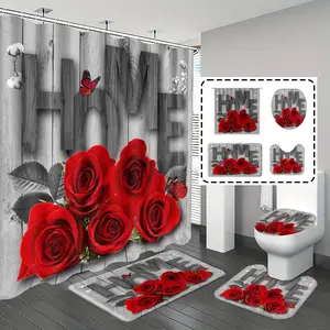 1pc/4pcs, bathroom curtains shower, bathroom set, Shower Curtain Sets, shower curtains, bathroom decor, bathroom rug, home decoration, bathroom mat, wood grain and rose pattern, romantic theme decoration, and 12 hooks are given away