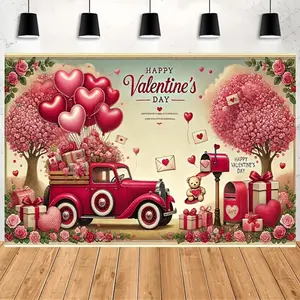 1PC,2D Flat Valentine's Day Retro Red Truck Love - themed Backdrop, Romantic Love Balloon Gift Tree Decor Party Background, Couple Confession Proposal Anniversary Shooting Backdrop