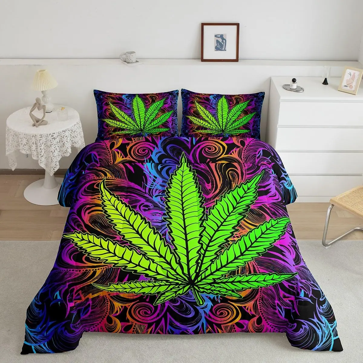 Feelyou Cannabis Leaf Quilted Down Comforter Quilt Sets - Duvet Included, Bohemian Trippy Botanical Bedding for Teens