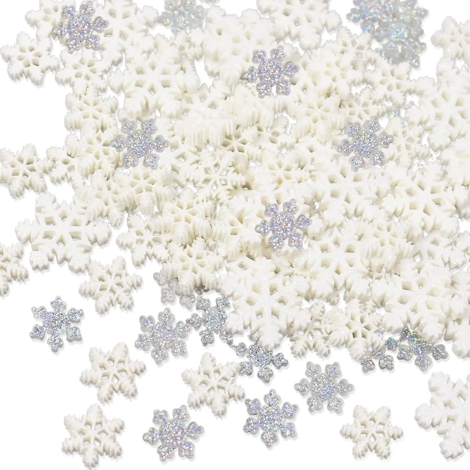 100 count Mini Snowflake Ornament Christmas Decorations- Glitter  White and  Snowflakes Christmas Craft Embellishment for DIY Craft Xmas Tree Winter Party Table Decor (3 Sizes)