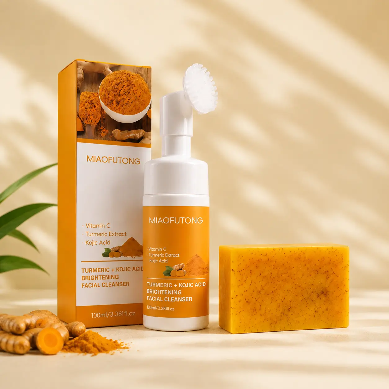 Turmeric Wash two Piece Set,Turmeric Kojic Brightening Cleansing Set, Turmeric Kojic Mousse & Soap Facial Wash Exfoliating Dark Spot Correcting Skincare