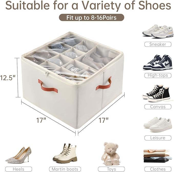 Shoe Storage Box Organizer with Adjustable Dividers Transparent Cover Handles on 3 Sides Beige 17x17x12.5 Inches for Efficient Storage