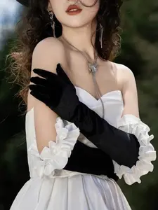 Velvet Long Dress Gloves with Lace Trim, Wedding Party Evening Ball Vintage Costume Accessory, Bubble Sleeve Fingerless Gloves