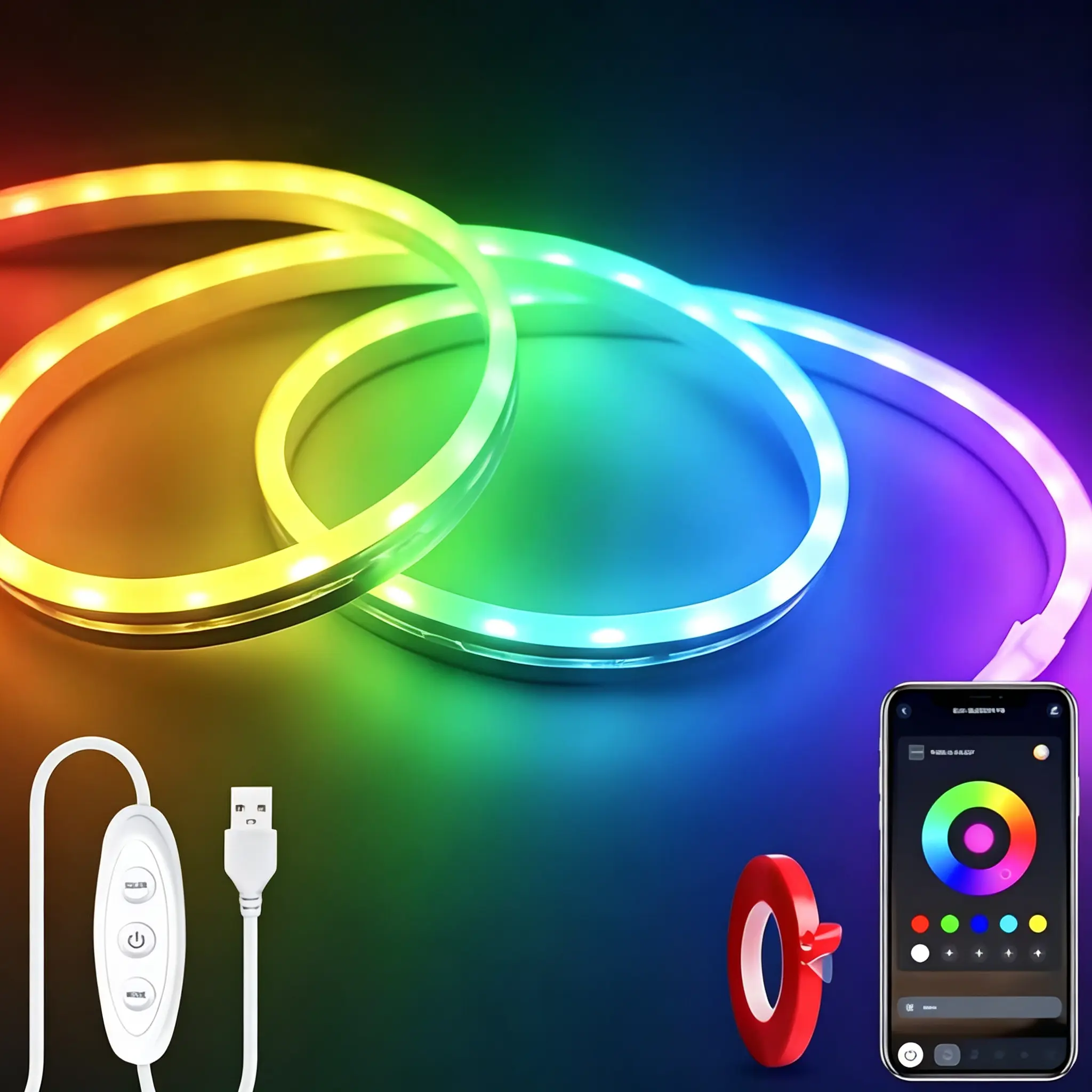5V USB RGB LED Neon Strip Lights, Bluetooth APP & 3-key Button Control, Music Sync Flexible Silicone Rope Light, DIY Custom Shape Decor Light, 1m/2m/3m/5m Optional Length for Gaming Room, Bedroom, Bar, KTV, Party, Holiday and DIY Neon Sign Making