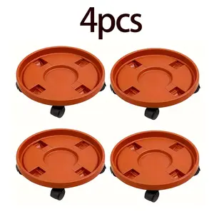 4-Piece Heavy Duty Roller Plant Rack with Removable Brick Red Resin Tray | Round Plastic Indoor/Outdoor Planters, 9.05-10 Diameter, 4 Wheels for Easy Movement, Decorative Garden & Home Decor, Portable Garden Planters, Pot Plant Stand