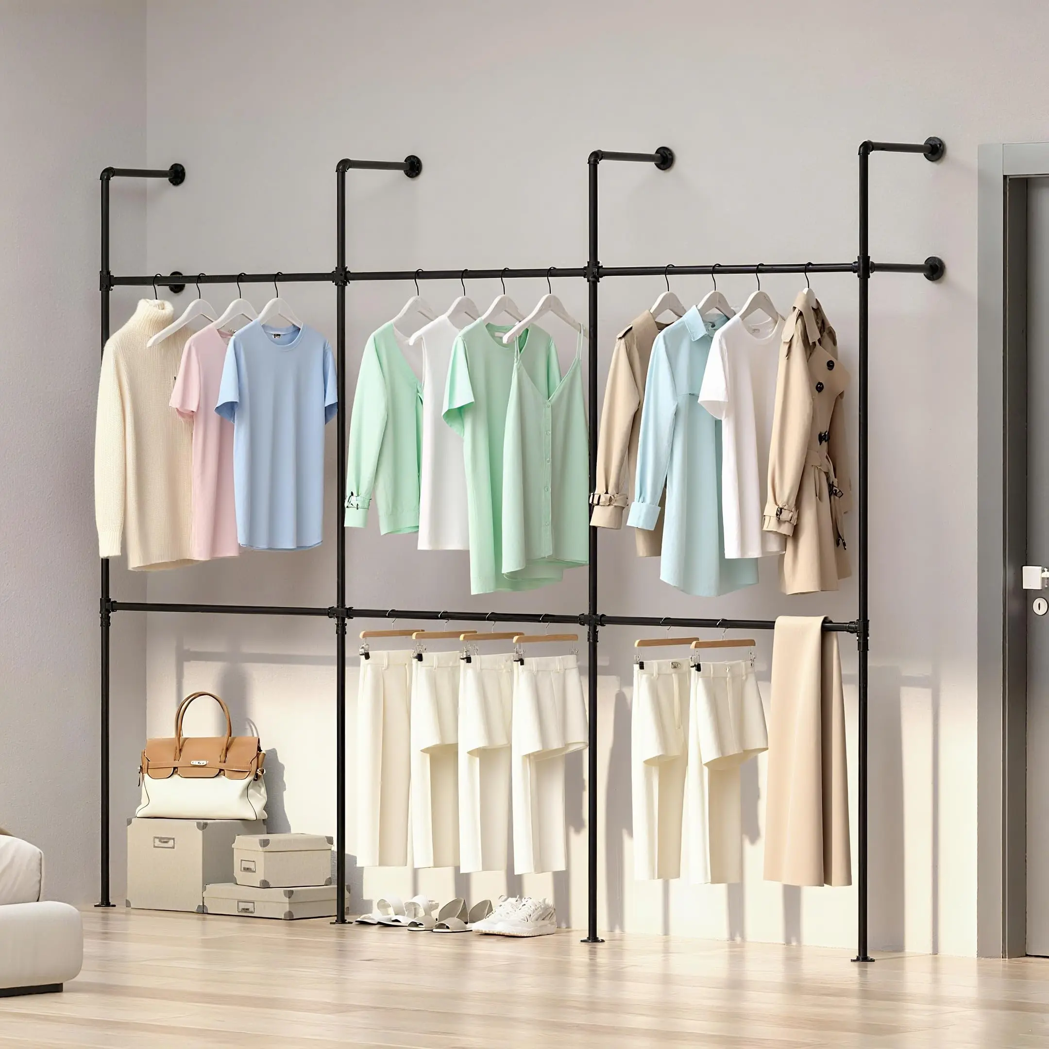 GAOMON 9.85ft Industrial Pipe Clothing Rack - Wall Mounted Black Steel Garment Organizer - 1000 lbs Load Capacity - Adjustable & Space-Saving for Bedroom, Entryway, Closet, Laundry, Retail Store