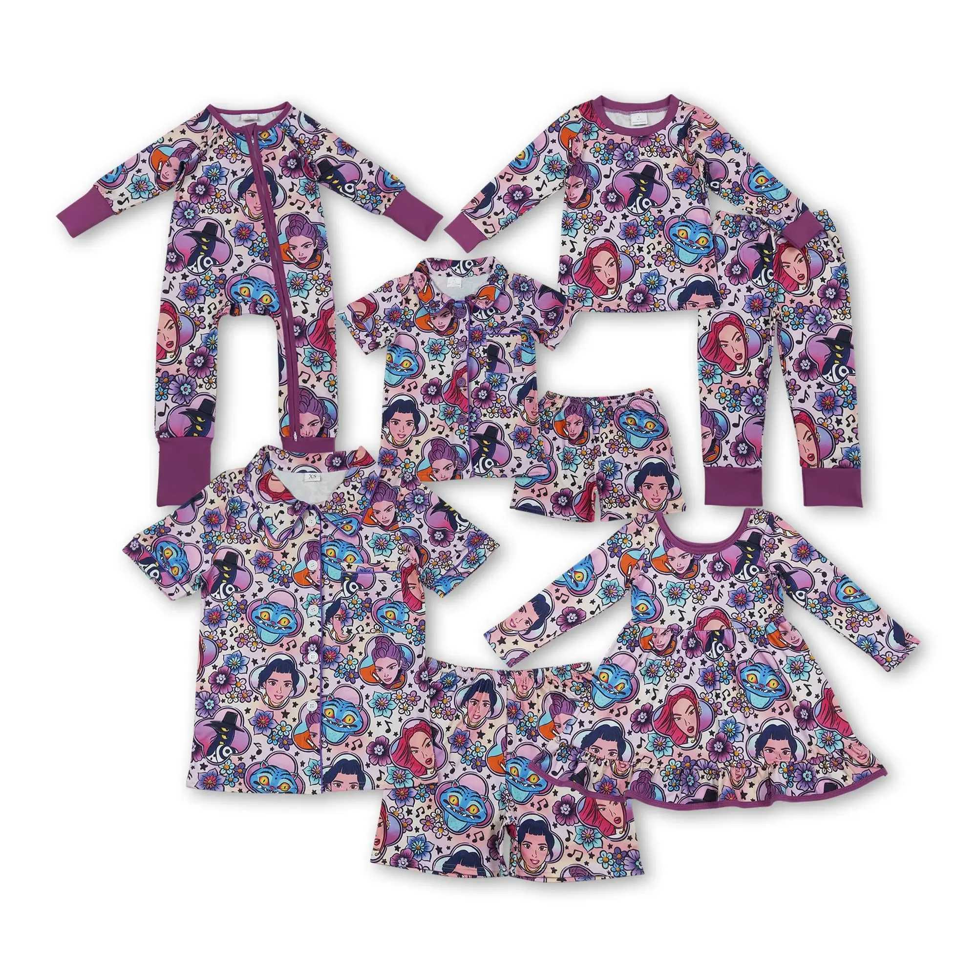 Girls' 2-Piece Cartoon Print Clothes Kids Set - Purple Funny Movie Bell Bottom Outfit, Spring Fall Wear, Cartoon Print Suits & Sets GSPO2227