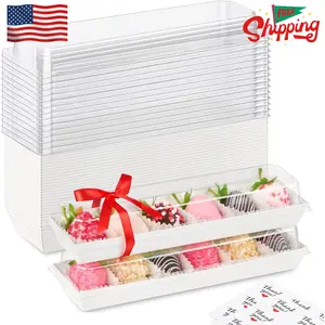 25 Pack Paper Strawberry Boxes with Clear Lids, 12 x 2.6 x 2 Inches
