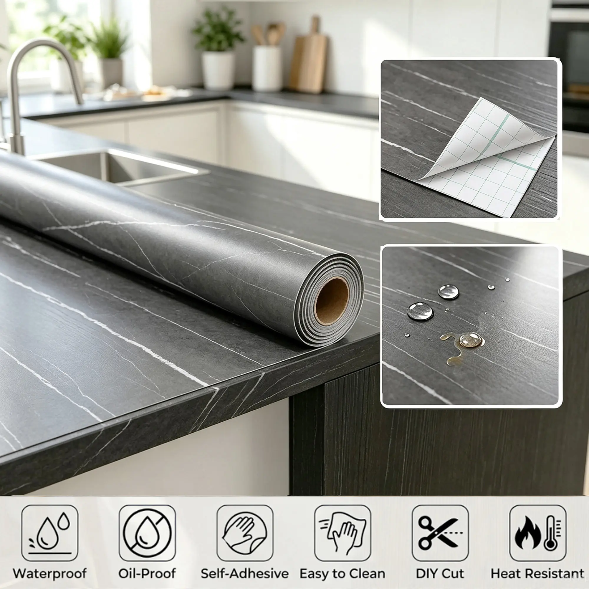 practicalWs Peel and Stick Marble Wallpaper  Marble Contact Paper for Cabinets and Drawers, White Gray Granite Self Adhesive Removable Kitchen Backsplash Vinyl Roll Wall Paper