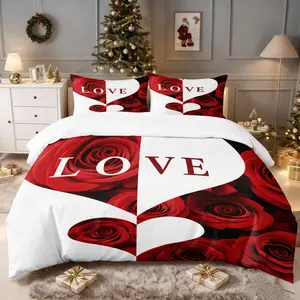 2/3pcs Duvet Cover Set with Romantic Red Roses and White Hearts, 'LOVE' Design, Black Background, Perfect for Couples, Skin - friendly Bedding for Bedrooms, Floral Bedding Sets