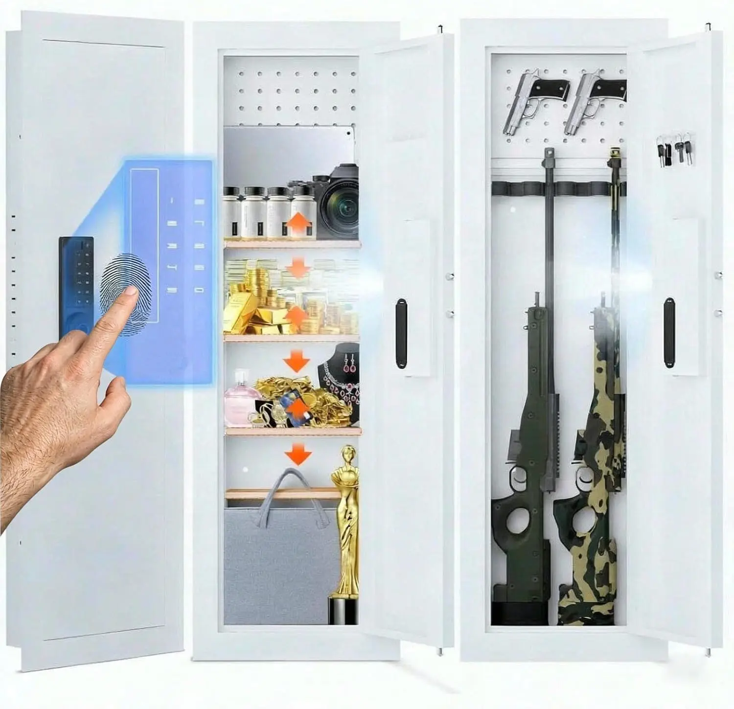 47" Wall Safe Between the Studs In Wall Safe Biometric Fingerprint Gun Safe with Dual Alarm System and Silent Mode,3 Adjustable Shelves, Magnetic Slot,Gun Cabinets for Home (White-Fingerprint Safe)