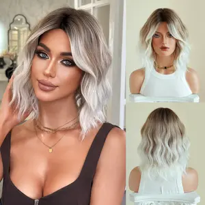 16 Inch Women's Wigs 7JHH Labo Brown Top Dye Wavy Curly Hair with Bangs Natural Wig for Daily Use Ombre Gray								