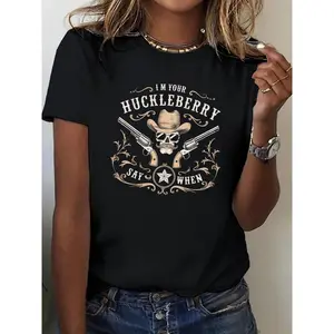 Women's Western Graphic T-Shirt - "I'm Your Huckleberry" Print, 100% Cotton Fitted Crew Neck Short Sleeve Tee with Revolver & Star, Casual Streetwear Summer Womenswear Top