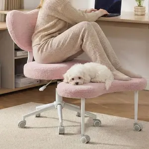 DUXELIFIN Pink Teddy Fabric Cross Legged Meditation Chair - 360° Swivel Wheels, Height Adjustable, Ergonomic Lumbar Support - Indoor Home Office Tub Chair for ADHD/Fidgety Sitters