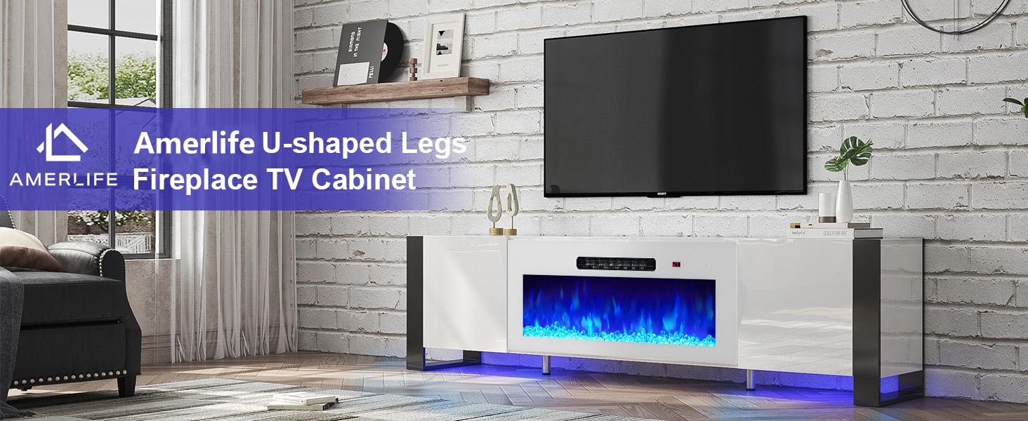 [Ships in 2 Boxes] [Spring Sale] AMERLIFE U-Shaped Legs Fireplace TV Stand, Media Console with Electric Fireplace and LED Lights, Modern Entertainment Center with Storage Shelf, Apartment Furniture/Best Gift Ideas/Christmas Gifts