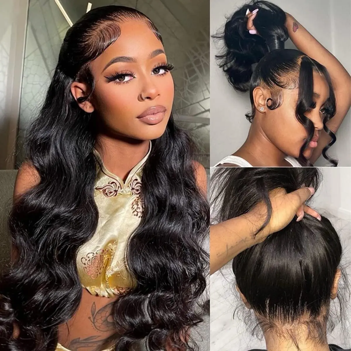 Pretty Lady 360 Body Wave HD Lace Frontal Wig 180% Density Natural Black HD Lace Design with Invisible-Drawstring