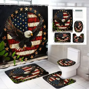 4pcs Patriotic Theme Bathroom Decor Set, Bald Eagle Shower Curtain with American Flag, Golden Stars, Floor Mats & Toilet Seat Cover, The floor mat fabric is thicker and softer! 4th of July Decoration, Bathroom Decoration Accessories