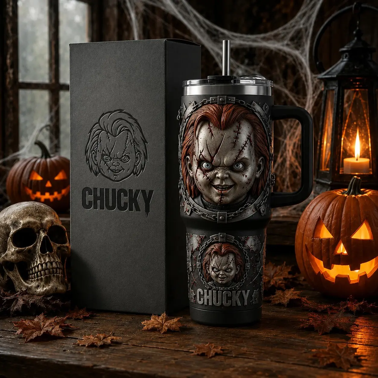 Chucky Child's Play 40oz Tumbler, Horror Movie Travel Mug with Handle, Stainless Steel Insulated Cup, Full Wrap Printed Drinkware, Halloween Gift for Horror Fans