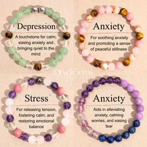 Stress Relief Crystal Beaded Bracelet - Healing Stone Gift for Women, Her, Friends & Family - Lapis Lazuli, Kunzite, Amethyst, Fluorite, Quartz, Rhodonite, Tiger's Eye, Hematite, Aventurine, Rose Quartz & Moonstone