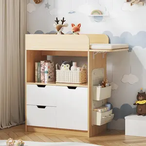 Baby Changing Table Dresser with 2 Drawers and 1 Cabinet, Wood Baby Nursery Dresser with Side Pockets, Multi-Functional Infant Diaper Changing Station for Nursery, Bedroom and Kids Room (No Pad)