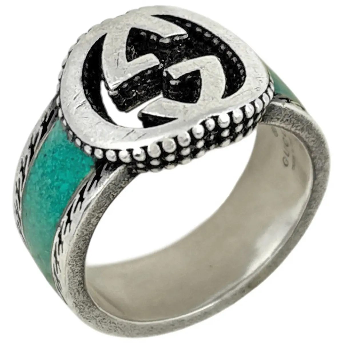 Pre-owned Gucci Interlocking G Ring (Sterling Silver / Green) 4000021802139