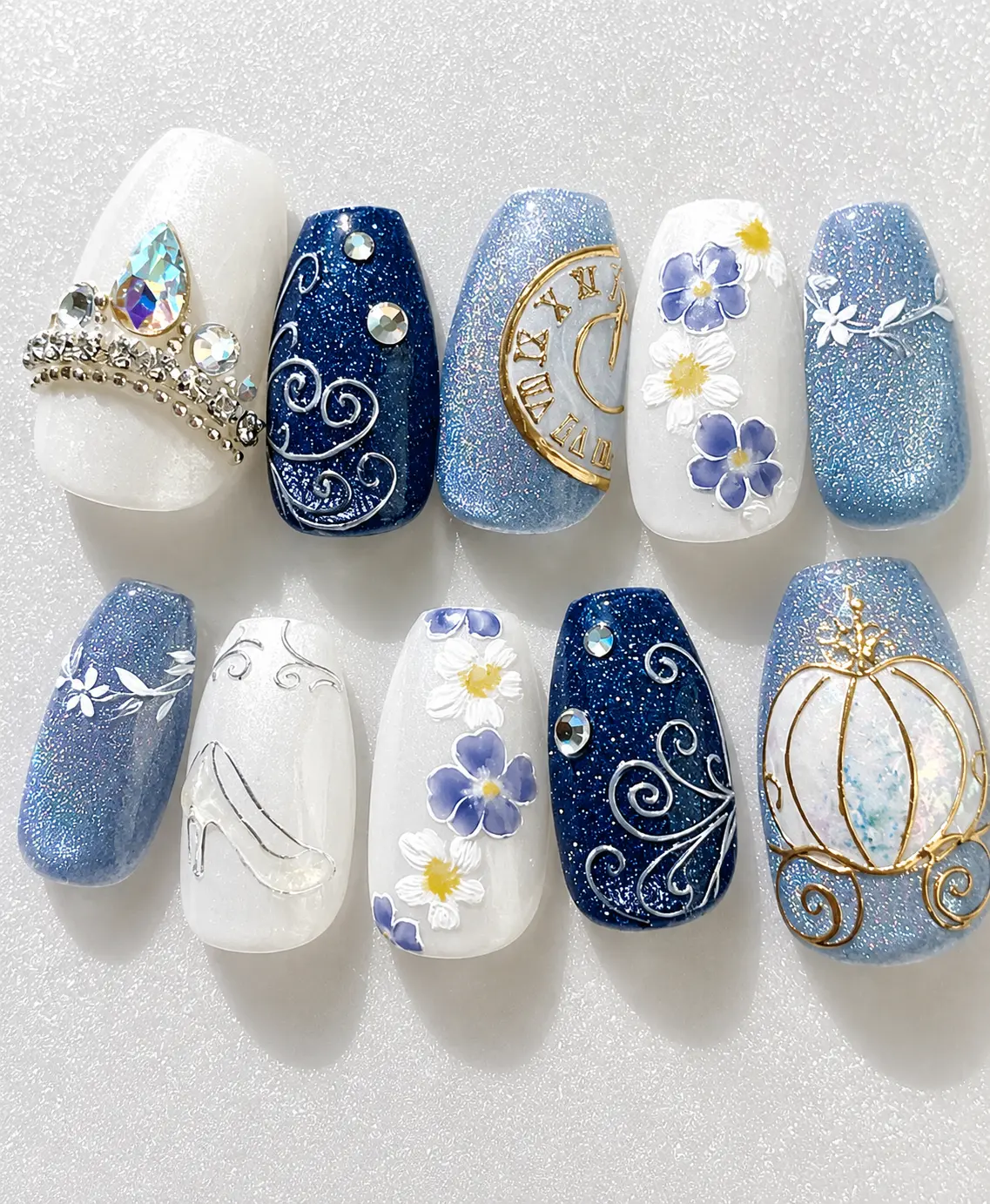 Queen Inspired Press On Nails | 3D Royal Crown Glass Slipper Pumpkin Carriage | Fairy Tale Princess Nail Art| FREE Adhesive Tabs  Nail File Cuticle Stick