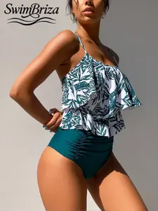 Briza｜Ruffle Two-Piece Swimsuit Tankini Swimsuits Set In Tropical Leaf Print With Teal High Waisted Bathing Suit Bottoms, Tankini Suit And Tankini Swimsuit For Women, Vacation Swimwear For Women With Swimsuits Tummy Control For Confidence